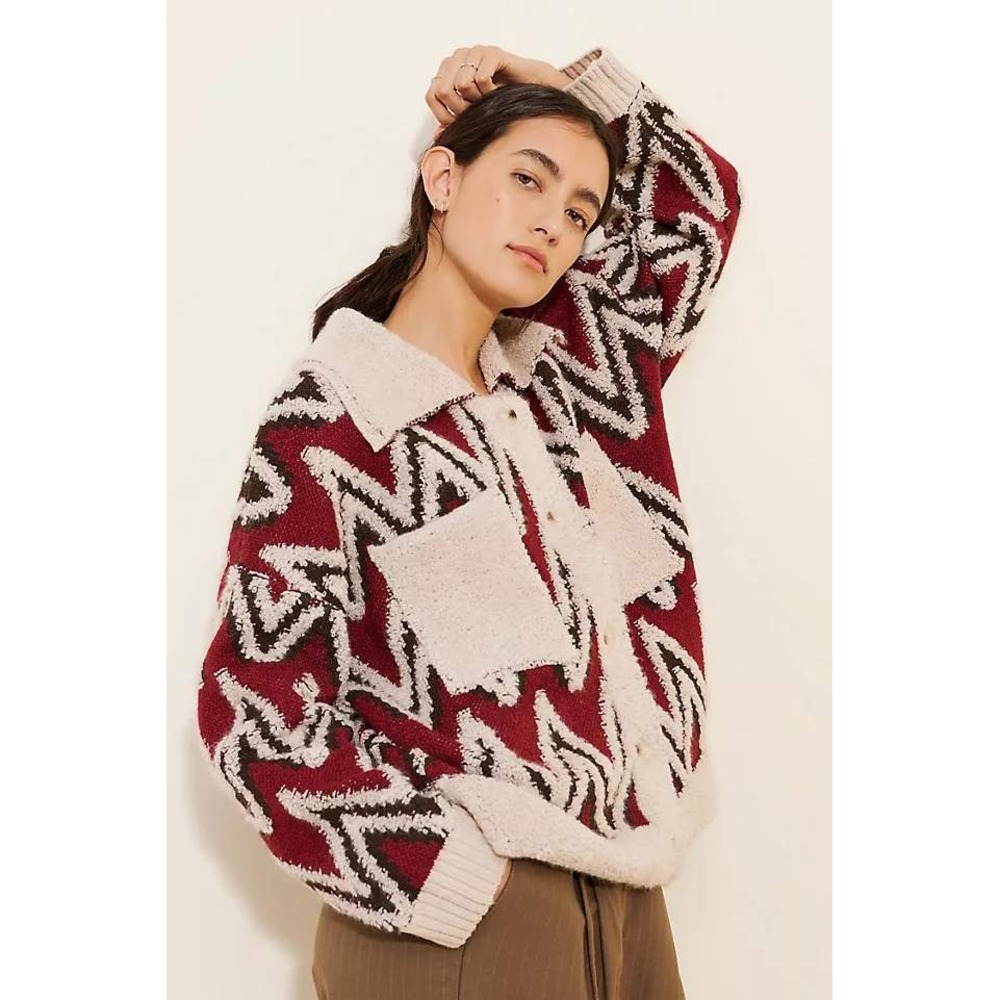 Anthropologie Flat White Chevron Sherpa Cardigan Sweater Medium Button Front